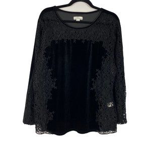 Sundance Catalog Velvet Top Black Lace Long Sleeve Floral Crochet Detail Large